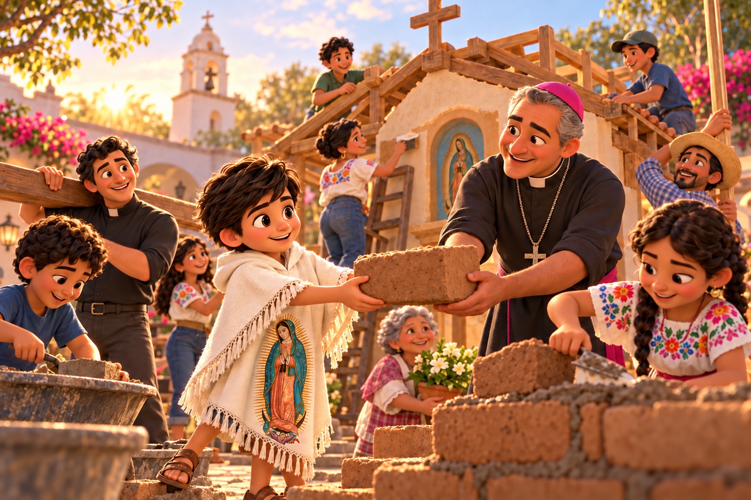 Juanito entrega un adobe a un obispo mientras un sacerdote, adultos, jóvenes y niños construyen juntos una Casita Sagrada
