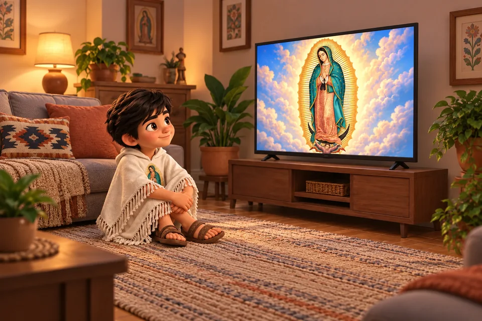 Juanito viendo a la Virgen de Guadalupe en una televisión grande