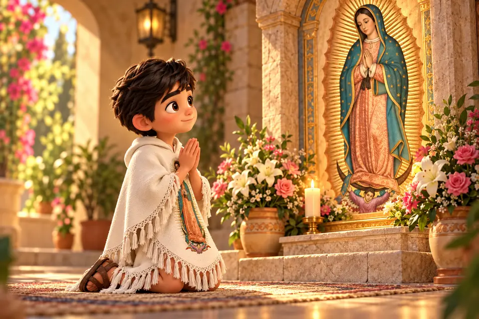 Juanito arrodillado ante la Virgen de Guadalupe haciendo su consagración