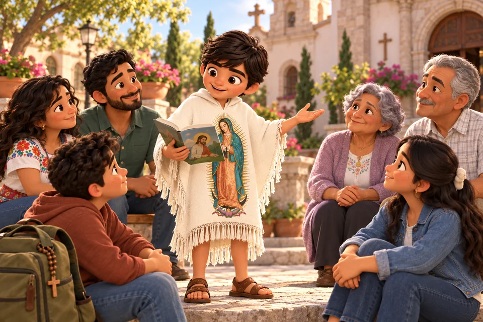 Juanito formando a un grupo de apóstoles en el patio de una iglesia