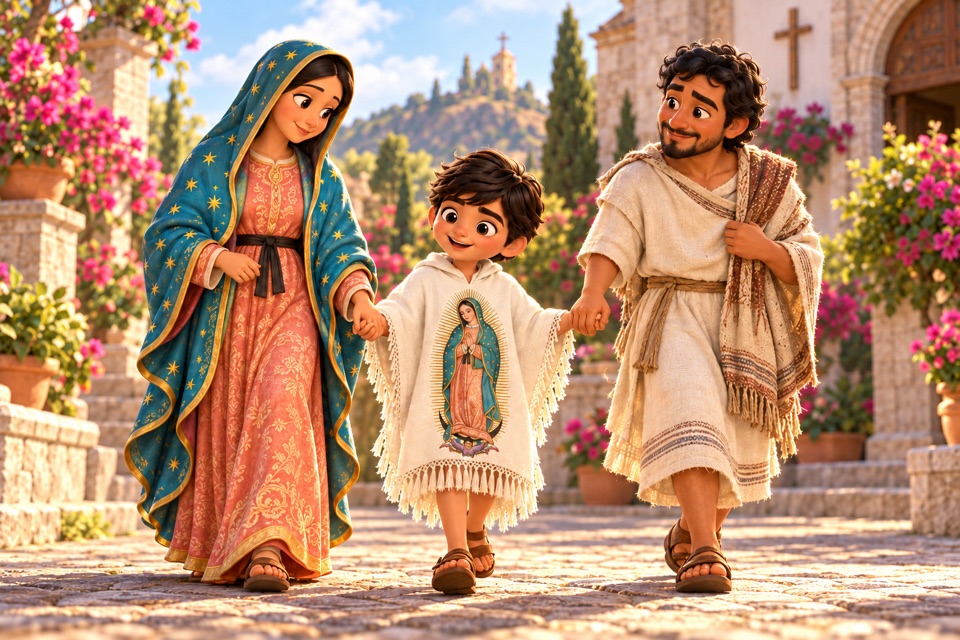 La Virgen de Guadalupe y Juan Diego caminando con Juanito frente a una iglesia