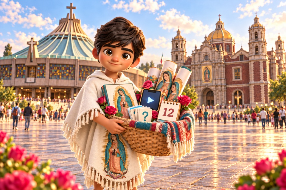 Juanito con una canasta de recursos guadalupanos frente a la Basílica de Guadalupe