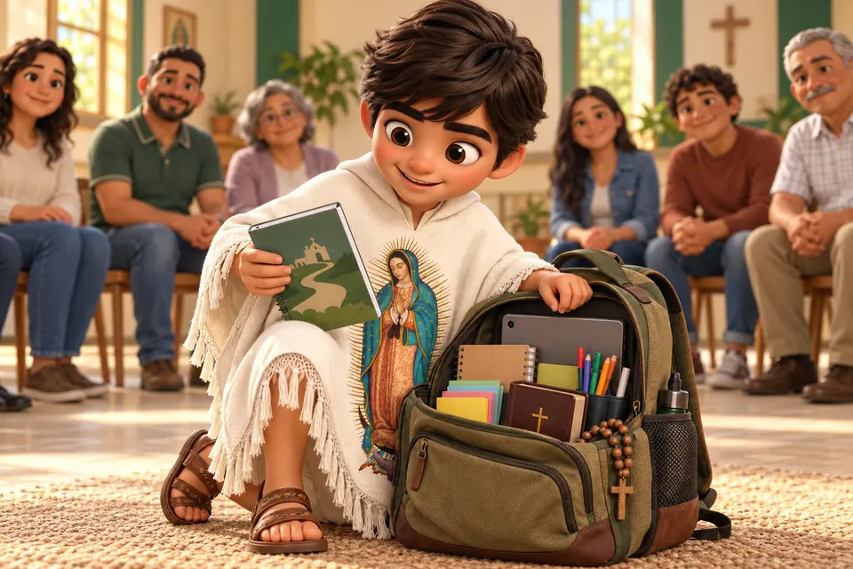 Juanito preparando una mochila con materiales para guiar un encuentro