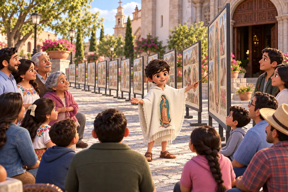 Juanito explicando una serie de paneles pedagógicos en la plaza de una iglesia