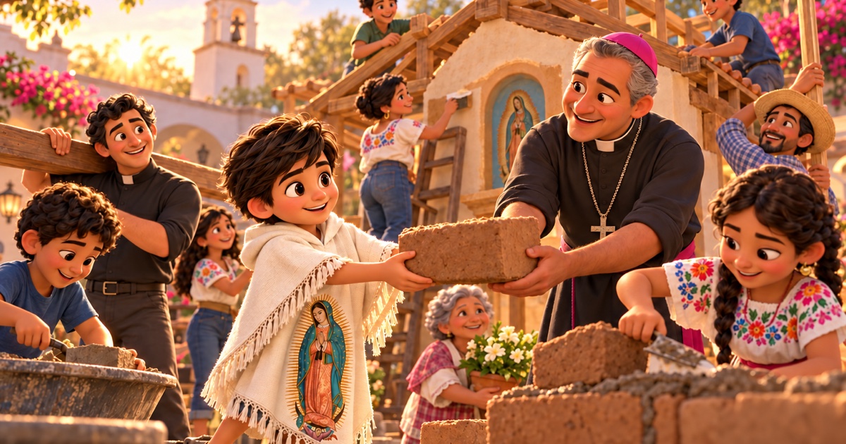 Juanito, un obispo, un sacerdote, adultos, jóvenes y niños construyen juntos una Casita Sagrada