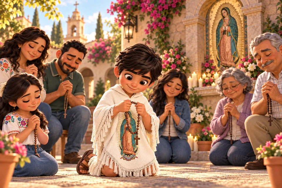 Juanito guiando a una familia mientras reza el Rosario