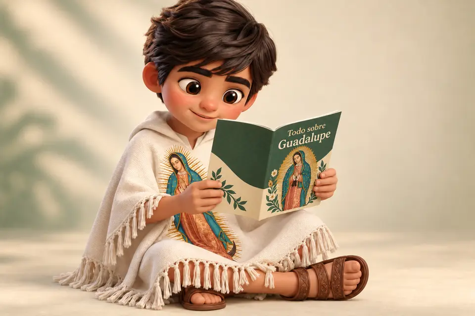 Juanito leyendo el folleto Todo sobre Guadalupe